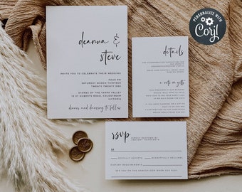 Modèle de jeu d'invitations de mariage moderne, suite d'invitations de mariage minimaliste imprimable, invitation modifiable, détails, RSVP, téléchargement immédiat, #MW3