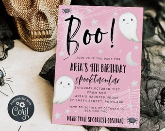 May include: Pink birthday invitation with a ghost and spider web design. The text reads "Boo! Join us if you dare for Aria's 9th Birthday Spooktacular Saturday October 31st from 6pm Aria's Haunted House 27 Smith Street, Portland RSVP to Sophia by October 15 555 000 000 Wear your spookiest costume!"