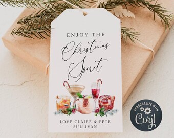 Christmas Spirit Gift Tag-sjabloon, afdrukbare vakantiealcohol gunsttag, bewerkbare feestelijke cocktails alcohol cadeautag, digitale download, #CD