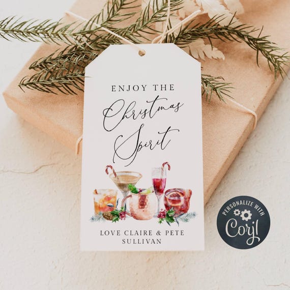 Christmas Spirit Gift Tag Template, Printable Holiday Alcohol Favor Tag, Editable Festive Cocktails Alcohol Gift Tag, Digital Download, #CD