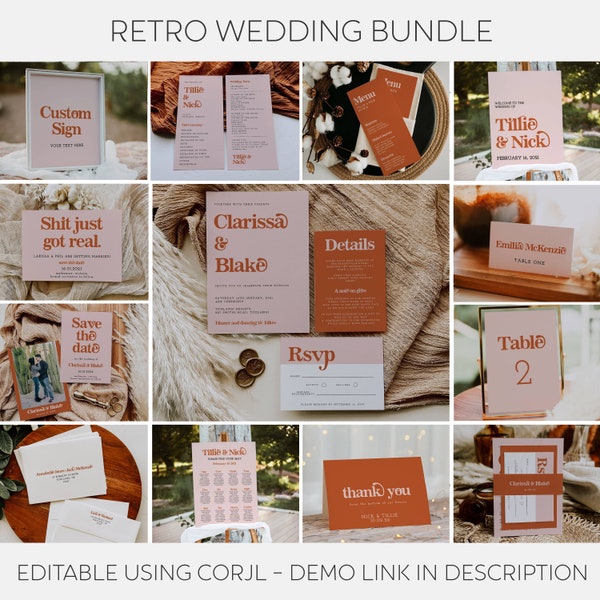 Large Retro Wedding Bundle, Complete Vintage Wedding Invitation Bundle, Editable Wedding Template Collection, Printable Invite Suite, #VWP