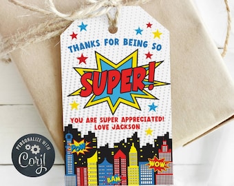 Superhero Teacher Appreciation Gift Tag Template, Printable Staff Nurse Employee Appreciation Tag, Editable Comic Tag, Instant Download, #SH