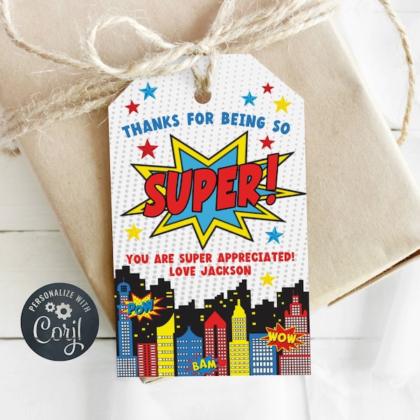 Superhero Teacher Appreciation Gift Tag Template, Printable Staff Nurse Employee Appreciation Tag, Editable Comic Tag, Instant Download, #SH