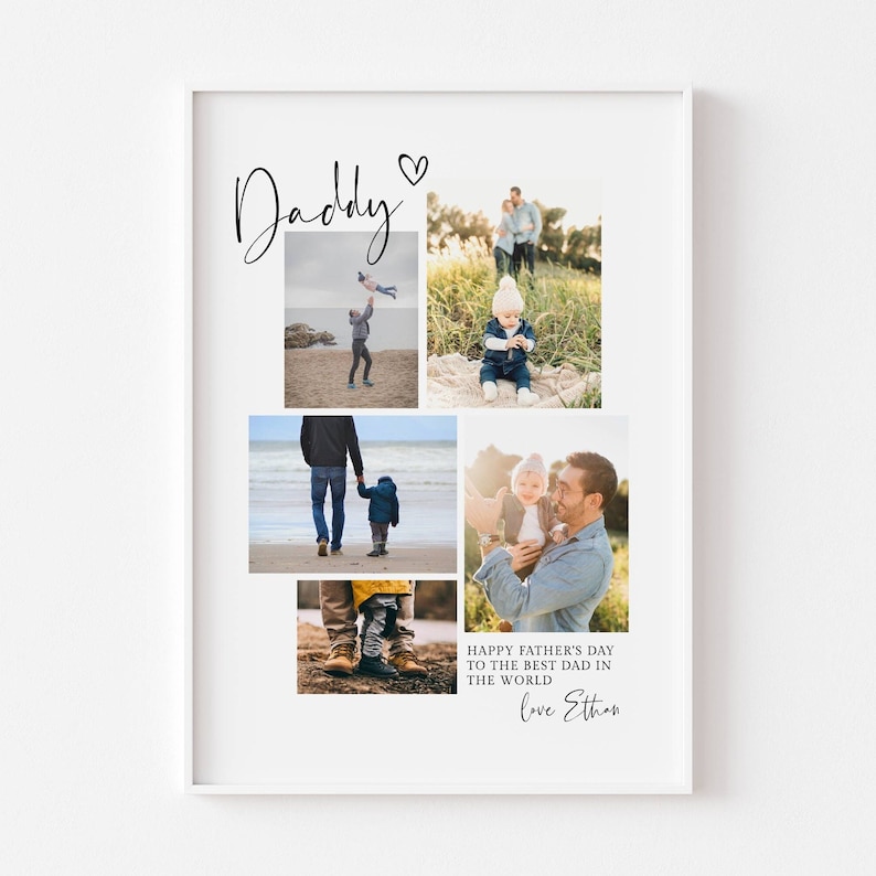 May include: White framed print with multiple family photos. The word "Daddy" is written in cursive with a heart symbol. Text at the bottom reads "Happy Father's Day to the best dad in the world" and "love Ethan."