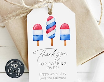 4th Of July Popsicle Favor Tag Template, Printable Thanks For Popping By July Fourth Gift Tag, Editable Patriotic Tag, Digital Download, #J7