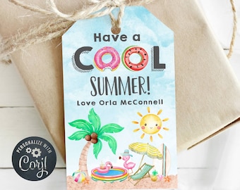 May include: A gift tag with a watercolor illustration featuring a beach scene with a palm tree, flamingo, and sun. The tag reads "Have a COOL SUMMER!" and includes a name. The tag is tied to a wrapped gift with twine.