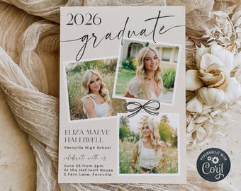 Polaroid Photos Graduation Party Invitation Template, Printable Coquette Graduate Announcement, Editable Grad Party Invite, Digital Download