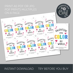 Rainbow Valentine's Day Gift Tag Template, Printable You Color My World Valentine Tags, Editable Crayons Kids Valentine, Instant Download zdjęcie 7