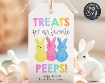 Plantilla de etiqueta de regalo "Dulces para mis amigos favoritos", etiqueta imprimible para cesta de Pascua con conejito de dulces, etiqueta editable para la clase escolar, descarga digital.