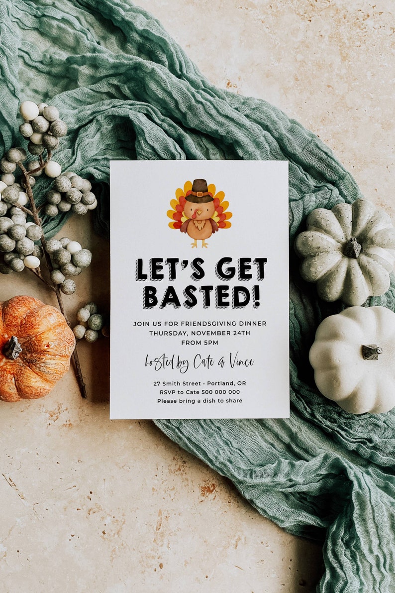 Let's Get Basted Friendsgiving Invitation Template, Printable Turkey Thanksgiving Dinner Invite, Editable Potluck Invite, Instant Download image 2