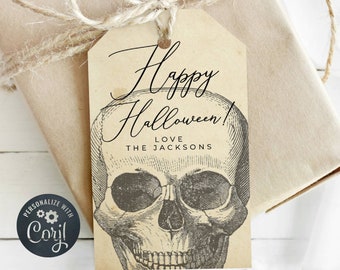 Modello di etichetta regalo di Halloween con teschio vintage, etichette classiche modificabili per bomboniere spettrali, etichette di Halloween eleganti e stampabili, download digitale, #VS