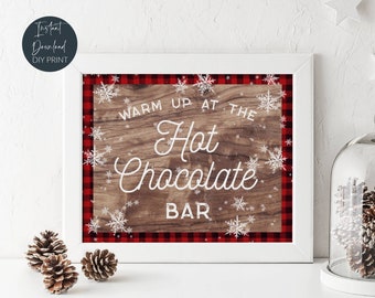 Printable Hot Chocolate Bar Sign, Warm Up At The Hot Chocolate Bar, Rustic Plaid Sign, Winter Wedding, Christmas Party, Instant Download