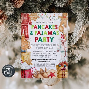 Pancakes & Pajamas Christmas Invitation Template, Printable Holiday Breakfast Party Invite, Editable Santa Brunch Invite, Instant Download