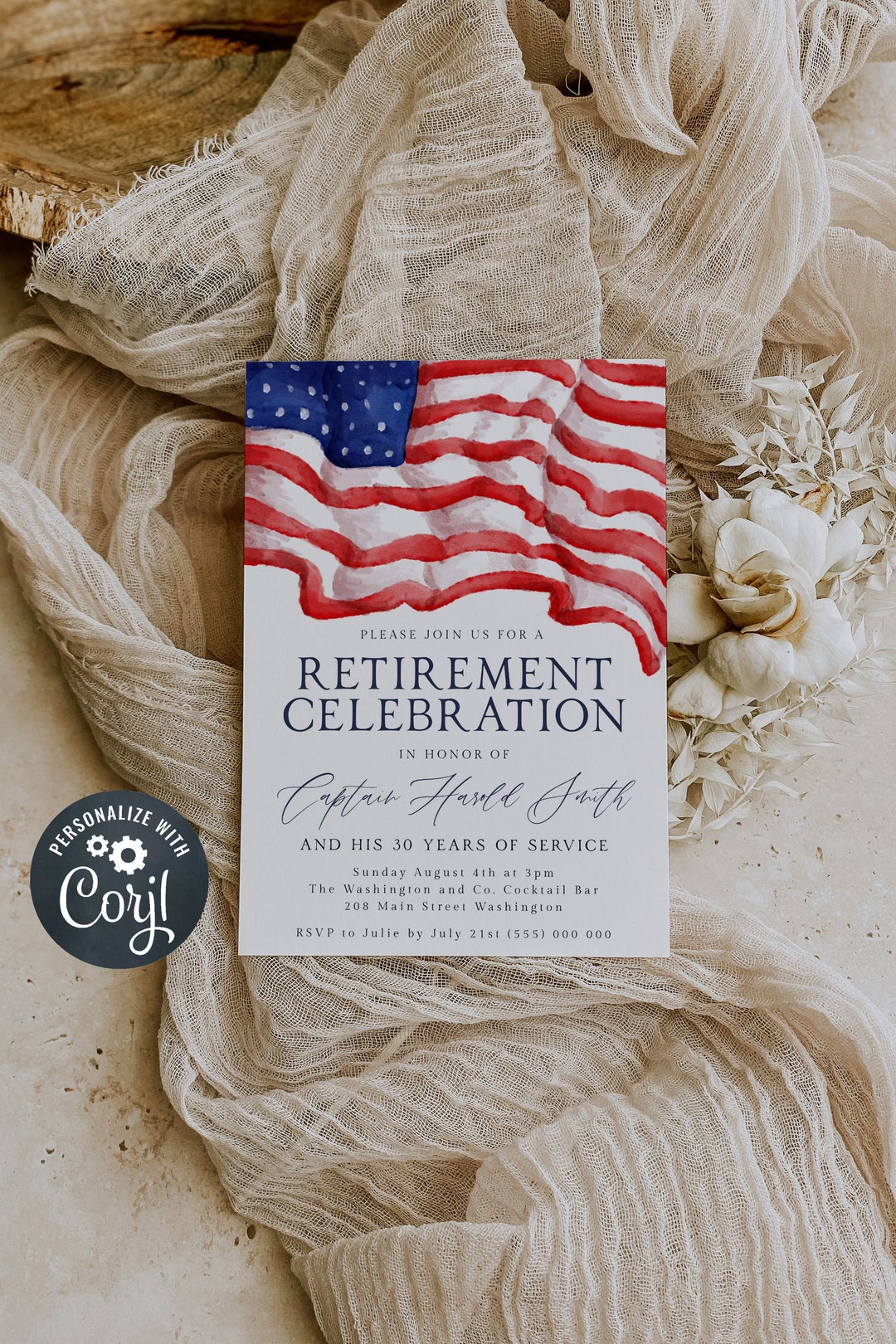 American Flag Retirement Party Invitation Template, Printable Military