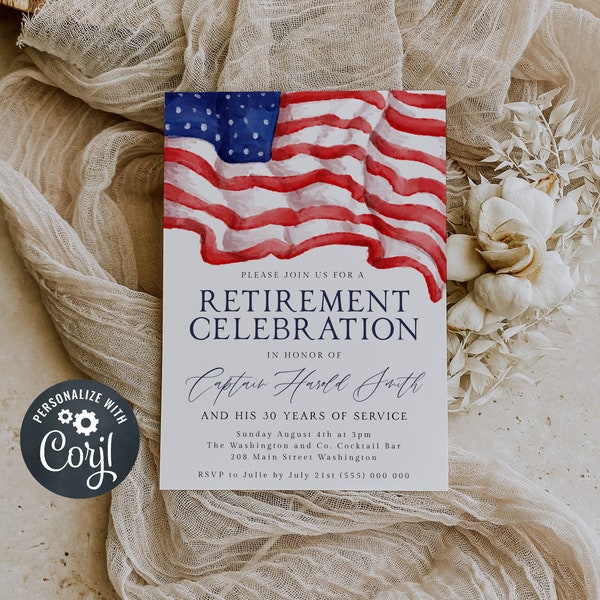 American Flag Retirement Party Invitation Template, Printable Military Retirement, Editable Navy Marine Army Air Force, Instant Download #R1