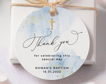 Round Blue & Gold Baptism Favor Tag Template, Printable Christening Gift Tags, Baby Light Blue Watercolor Baptism Tag, Digital Download #BB