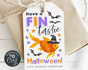 Goldfish Halloween Gift Tag Template, Printable Have A Fin-tastic Halloween Favor Tag, Editable School Class Party Tag, Digital Download