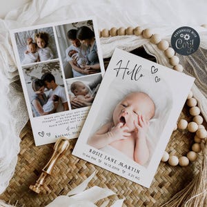 Arched Birth Announcement Template, Editable Arch Photo Newborn Cards, Printable Baby Thank You, Minimalist Modern Hearts, Instant Download