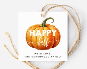 Happy Fall Square Favor Tag Template, Printable Simple Pumpkin Gift Tags, Editable Teacher Neighbor Autumn Thank You Tags, Digital Download