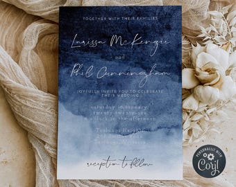 Navy Wedding Invitation Template, Printable Ombre Watercolor Wedding Invite, Editable Beach Ocean Wedding Invite, Digital Download, #WC1
