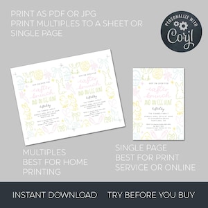 May include: Printable Easter brunch invitation with a light pink and yellow background. The invitation features a hand-drawn design of bunnies, eggs, and bows. The text reads "Hop on over for Easter brunch and an egg hunt".