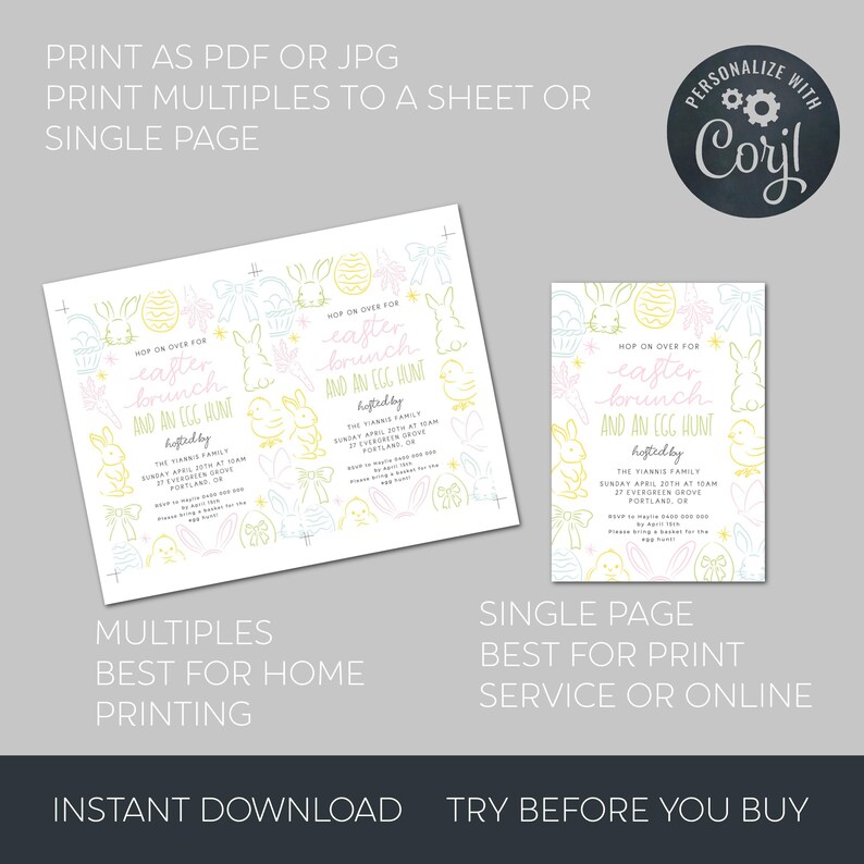 May include: Printable Easter brunch invitation with a light pink and yellow background. The invitation features a hand-drawn design of bunnies, eggs, and bows. The text reads "Hop on over for Easter brunch and an egg hunt".