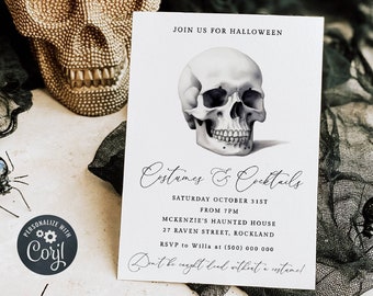 May include: A white invitation card with a black skull illustration and the text "Costumes & Cocktails" for a Halloween party. The invitation includes the date, time, location, and RSVP information.