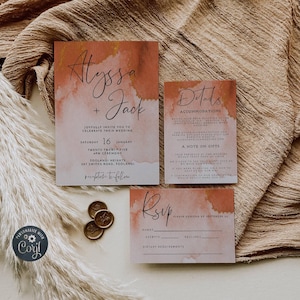 Rust & Gold Wedding Invitation Set Template, Printable Burnt Orange Wedding Suite, Editable Watercolor Terracotta Invite, Details, RSVP #WC3