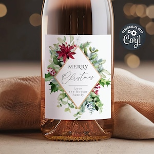 Editable Christmas Wine Bottle Label Template, Printable Holiday Floral Wine Labels, Winter Flowers Christmas Wine Gift, Instant Download