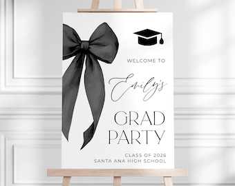 Modelo de placa de boas-vindas para festa de formatura com laço preto, placa de boas-vindas elegante e editável para formatura, download digital, #G9