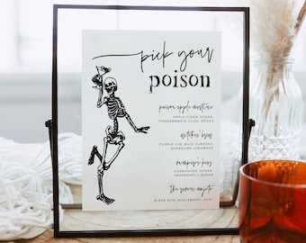 Halloween Pick Your Poison Bar Menu Template, Printable Drinks Sign, Editable Minimalist Spooky Skeleton Cocktail List, Digital Download #SK