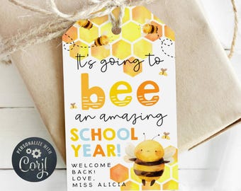 Modèle d'étiquette-cadeau abeille pour la rentrée scolaire, étiquette cadeau imprimable Aller aux abeilles une grande année scolaire, étiquette modifiable premier jour, téléchargement numérique