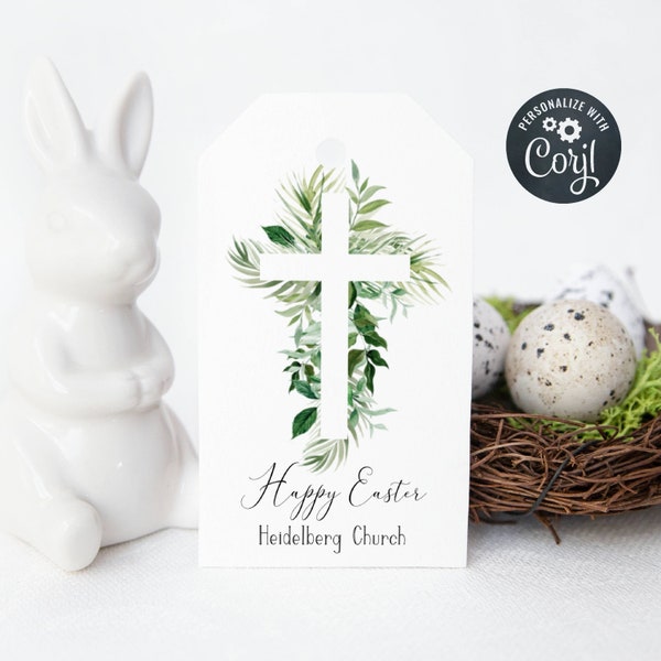 Easter Cross Gift Tag Template, Printable Easter Favor Tags, Editable Christian Church Tag, Religious Greenery Cross Tag, Instant Download