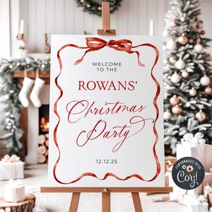 Red Ribbon Christmas Welcome Sign Template, Printable Holiday Party Poster, Editable Classic Elegant Welcome Sign, Instant Download, #CH3