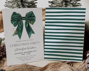 Green Bow Christmas Party Invitation Template, Printable Coquette Holiday Invite, Editable Festive Ribbon Cocktail Invite, Digital Download