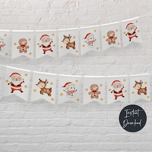 Cute Christmas Banner Printable, Festive Holiday Bunting, Santa Snowman Gingerbread Reindeer School Party Decoration, Instant Download PDF