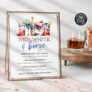 4. Juli Bar Menü Vorlage, druckbares Schild für Rot, Weiß & Schnapsgetränke, bearbeitbares Zeichen für Unabhängigkeitstagsparty, sofortiger Download