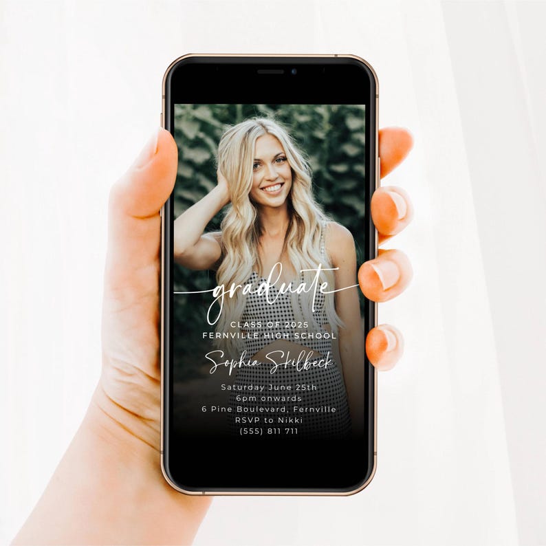 May include: A black and white graduation invitation with a photo of a woman in a white and black dress. The invitation reads "graduate" in a cursive font, "Class of 2025", "Fernville High School", "Sophia Stilbeck", "Saturday June 25th 6pm onwards", "6 Pine Boulevard, Fernville", "RSVP to Nikki", and "(555) 811 711".