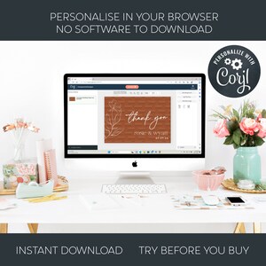May include: A computer monitor displaying a digital wedding thank you card template with a terracotta background, white line art floral illustration, and the text thank you, rosie & wyatt, and 07.07.24, shown in a browser-based editing interface.