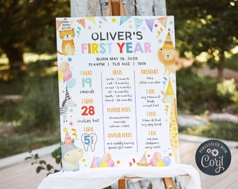 Calling All Party Animals First Birthday Milestone Board Template, Printable Safari Animal Poster, Editable Sign, Digital Download, #PA