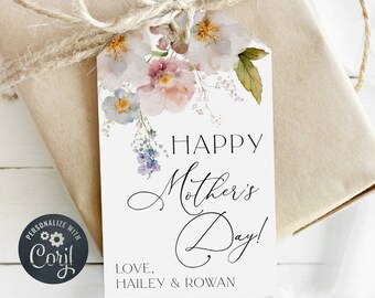 Floral Happy Mother's Day Gift Tag Template, Printable Watercolor Flowers Mothers Day Favor Tag, Editable Gift Tag For Mom, Digital Download