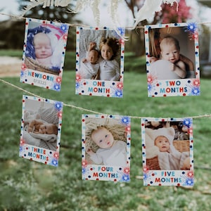 Modello di banner fotografico del primo compleanno del 4 luglio, carte cardine mensili patriottiche modificabili, ghirlanda moderna stampabile, download istantaneo #LF