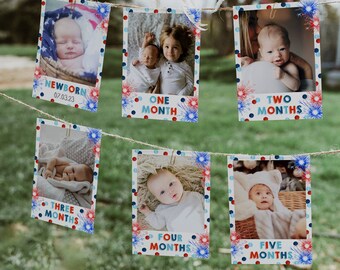 4th Of July First Birthday Photo Banner Template, Editable Patriotic Monthly Milestone Cards, Printable Modern Garland, Digital Download #LF