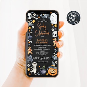 Electronic Halloween Birthday Invitation Template, Editable Kids Spooky Celebration Costume Party Digital Evite, Instant Download, #H5