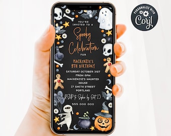 Electronic Halloween Birthday Invitation Template, Editable Kids Spooky Celebration Costume Party Digital Evite, Digital Download, #H5