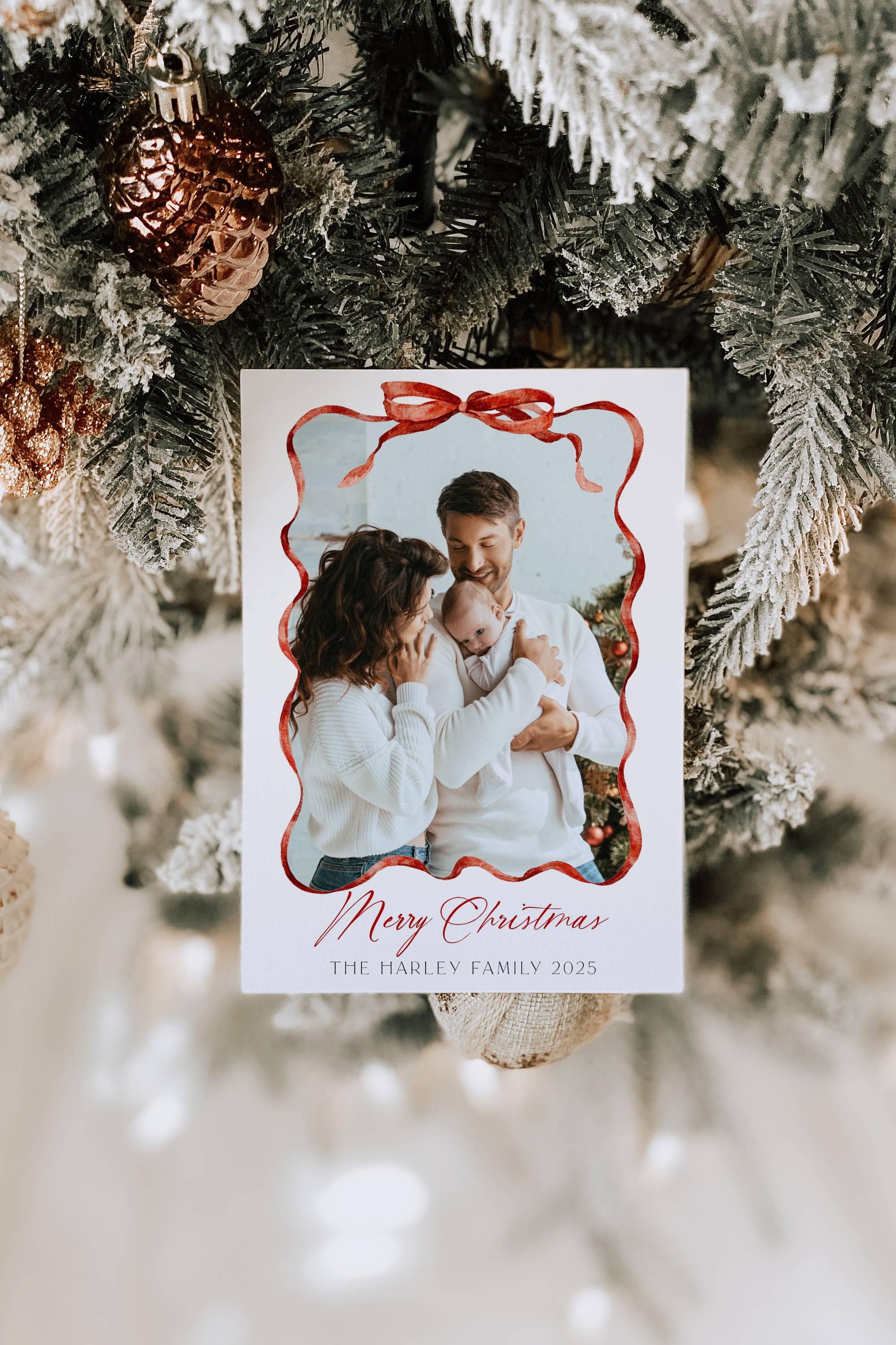 Red Bow Holiday Card Template, Printable Family Photo Christmas Card ...