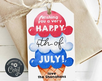 Plantilla de etiqueta para obsequios de helado del 4 de julio, etiqueta de regalo imprimible para el 4 de julio, etiqueta de fiesta patriótica editable en rojo, blanco y azul, descarga digital, #J0