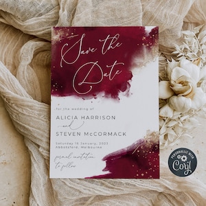 Modello Save The Date acquerello bordeaux, Save Our Date stampabile marrone e oro, Annuncio di matrimonio modificabile, Download immediato, #WC2