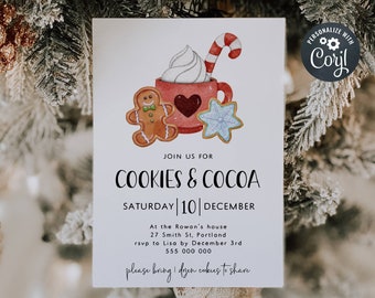 Cookies & Cocoa Christmas Invitation Template, Printable Hot Chocolate Party Invite, Editable Holiday Cookie Invite, Instant Download, #CHC