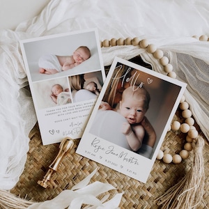 May include: Two baby announcement cards with photos of a newborn. One card says "Hello" with the baby's name, birth time, and weight. The other card has a collage of photos and a thank you message. A gold wax seal is also present.